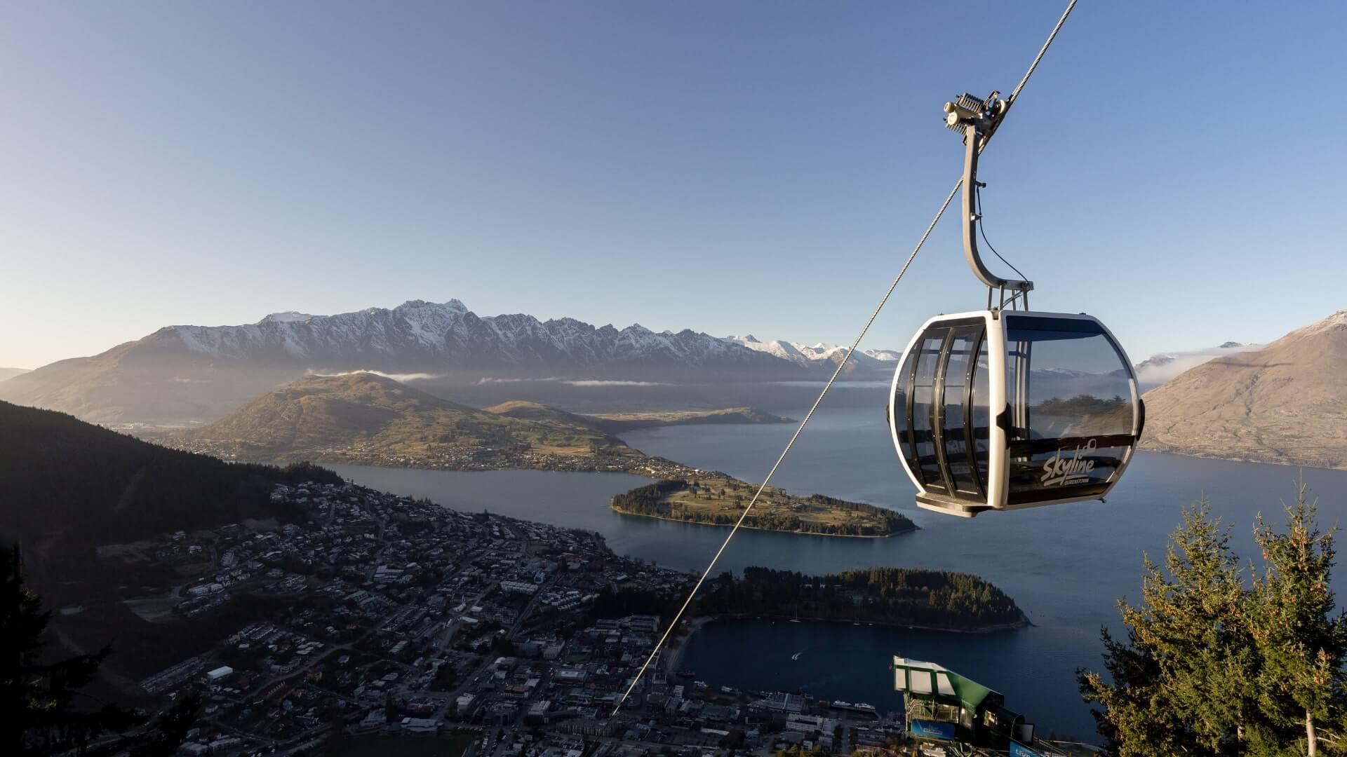 Skyline Queenstown Gondola with views of the Remarkables behind.