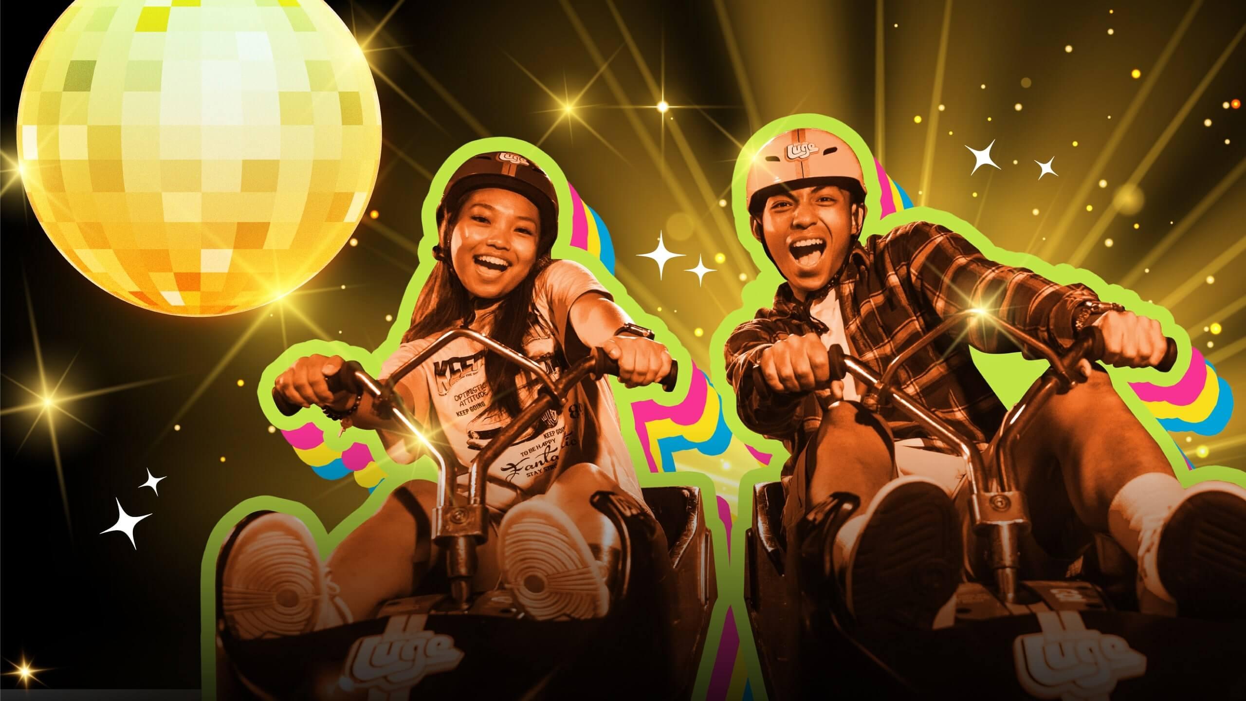 A couple rides next to each other with a disco ball and colourful lights animated behind them.