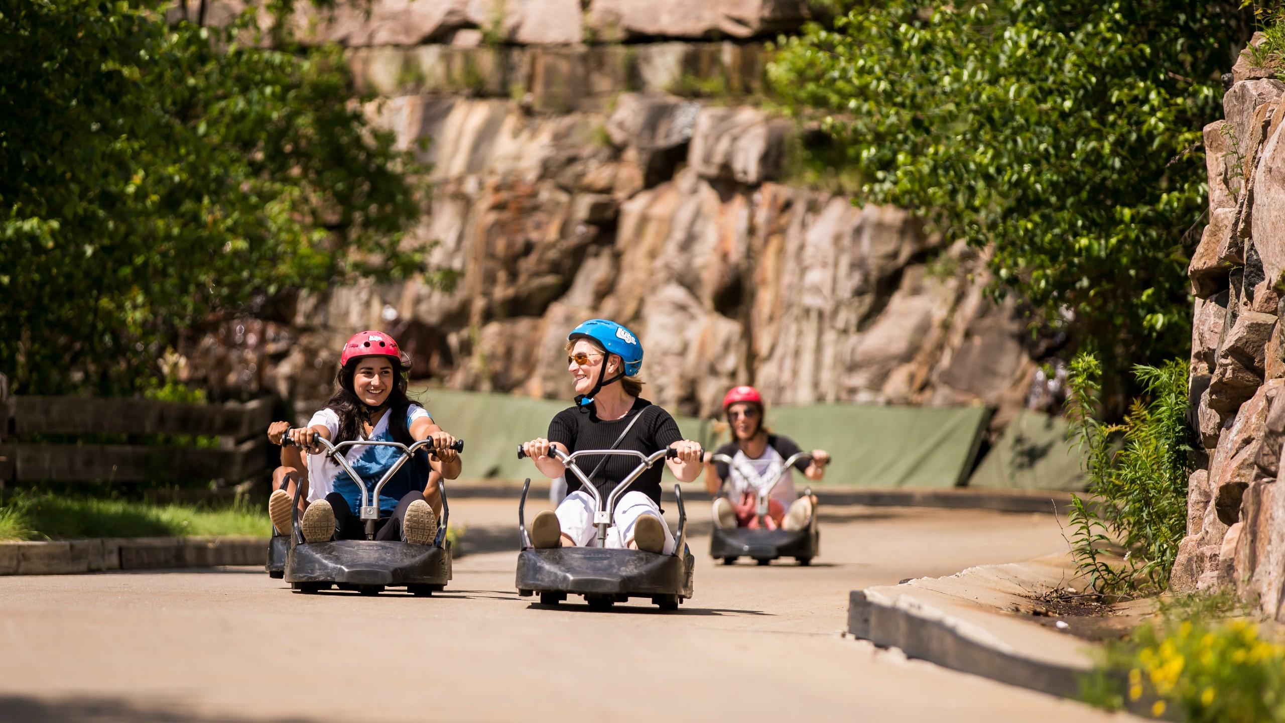 A lady glances over at her friend as they ride down the Luge tracks together.